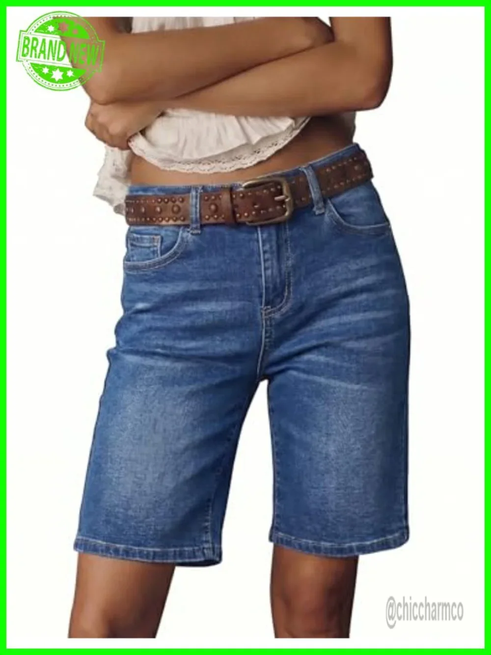 High Waisted Stretchy Denim Bermuda Shorts Knee Length Loose Fit Long Shorts